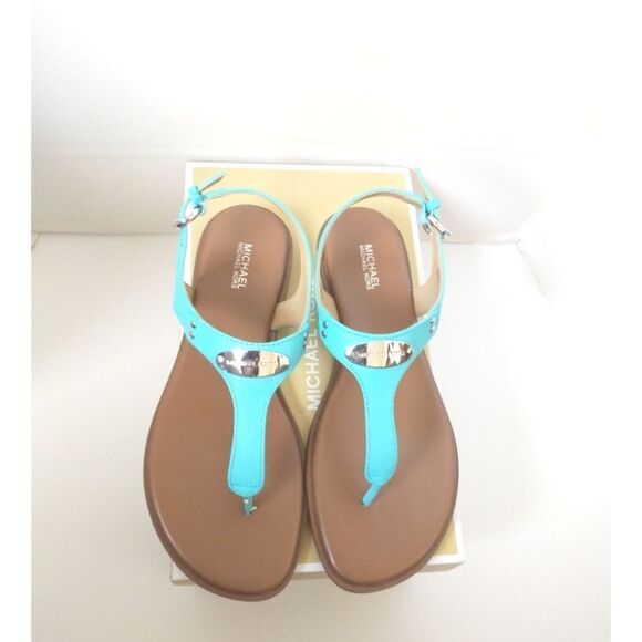 New! MICHAEL KORS Women's MK Logo Plate Thong Leather Sandals Shoes Ocean Blue - Picture 5 of 8
